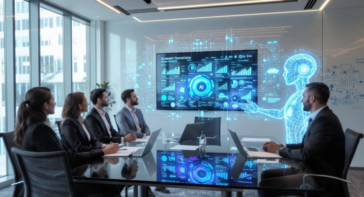 Abstract representation of AI-driven business operations and decision workflows