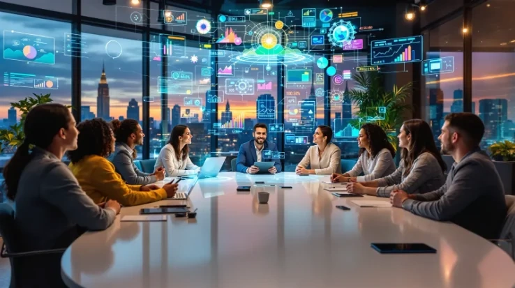 Entrepreneurs brainstorming with holographic AI-generated ideas and data visualizations