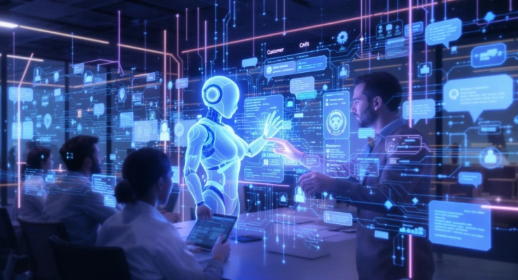 Doctor reviewing patient data on a holographic display with AI-powered insights